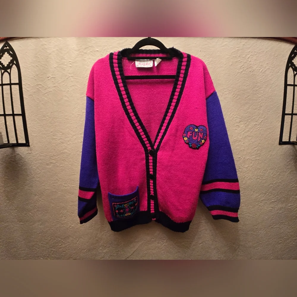 Vintage 80s Bright Pink Cardigan FUN Patch Rachel Kids - Picture 2 of 8